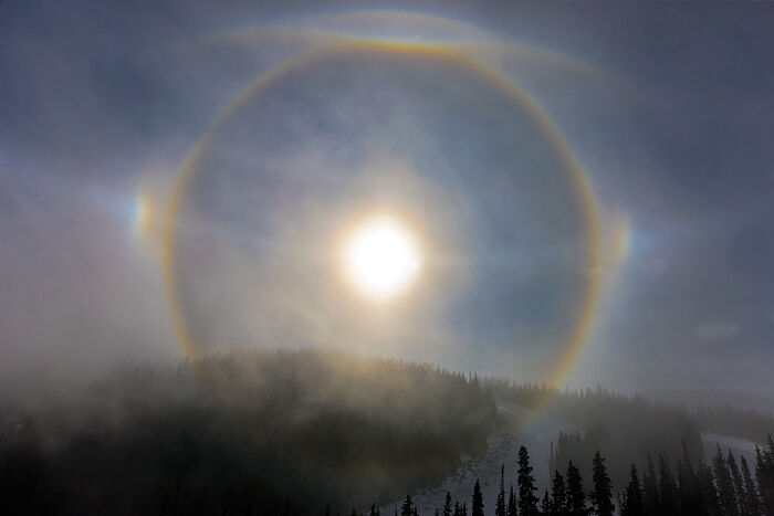 This sun halo formed above Loveland Pass on a cold winter day. They are created by&nbsp;the dispersion of light as it passes...