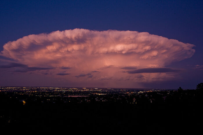 Supercell over Colorado Springs just after dusk. If you look closely there are a couple lightning bolts in the brightest part...
