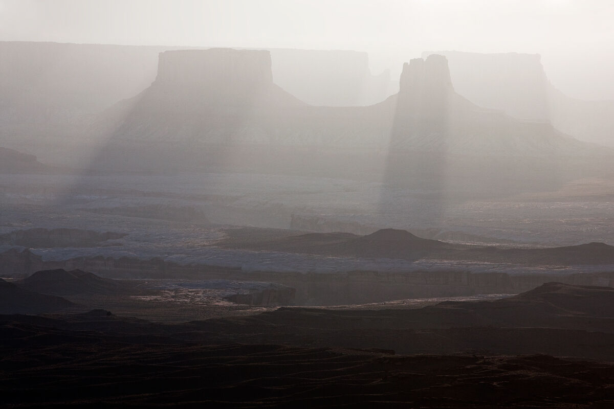 Long shadows cast onto the White Rim Trail.