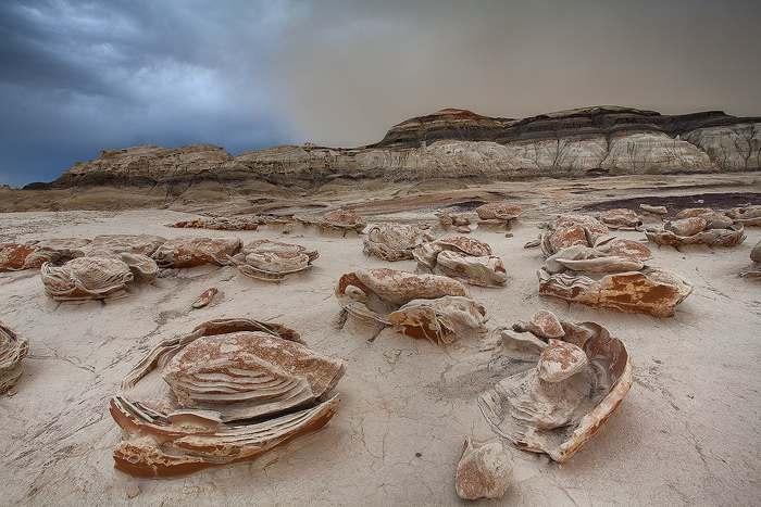 A fast moving rain storm approaches the Cracked Eggs formation in the Bisti Wilderness Area.&nbsp;