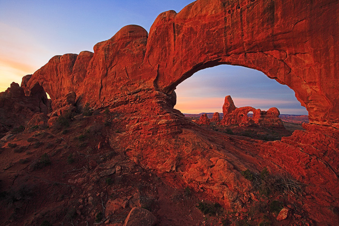 North Window and Turret Arch A sunrise view of Turret Arch, looking through North Window on a very cold winter morning. You can also see part of South window...